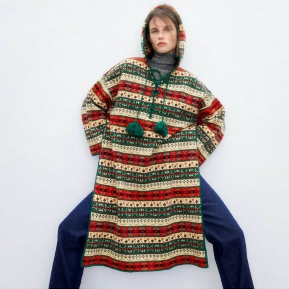 New Zara $129 Jacquard Wool Blend Hooded Poncho S-M (Small - Medium) 5755/138